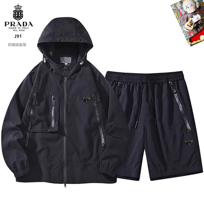 Wholesale High-quality Men's Prada Short Sleeve Replica Designer Hooded Jackets set Shorts for sale
