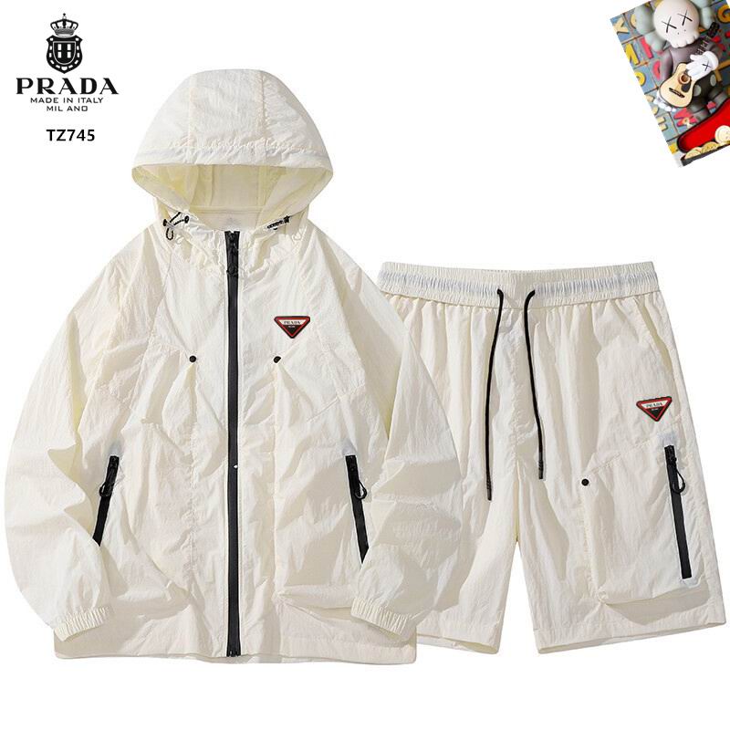 Wholesale High-quality Men's Prada Short Sleeve Replica Designer Hooded Jackets set Shorts for sale