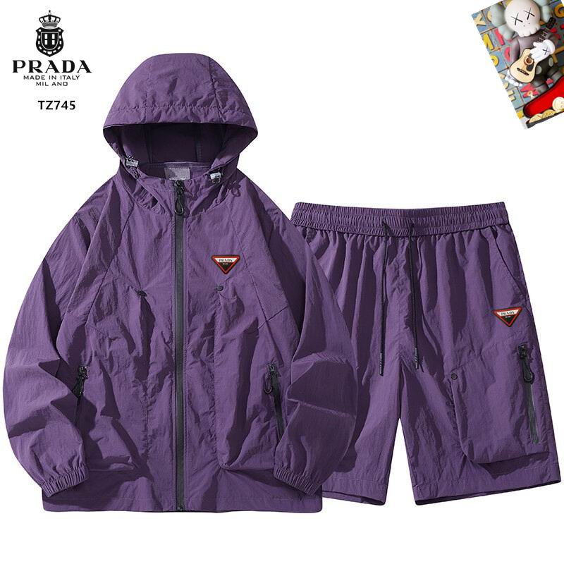 Wholesale High-quality Men's Prada Short Sleeve Replica Designer Hooded Jackets set Shorts for sale