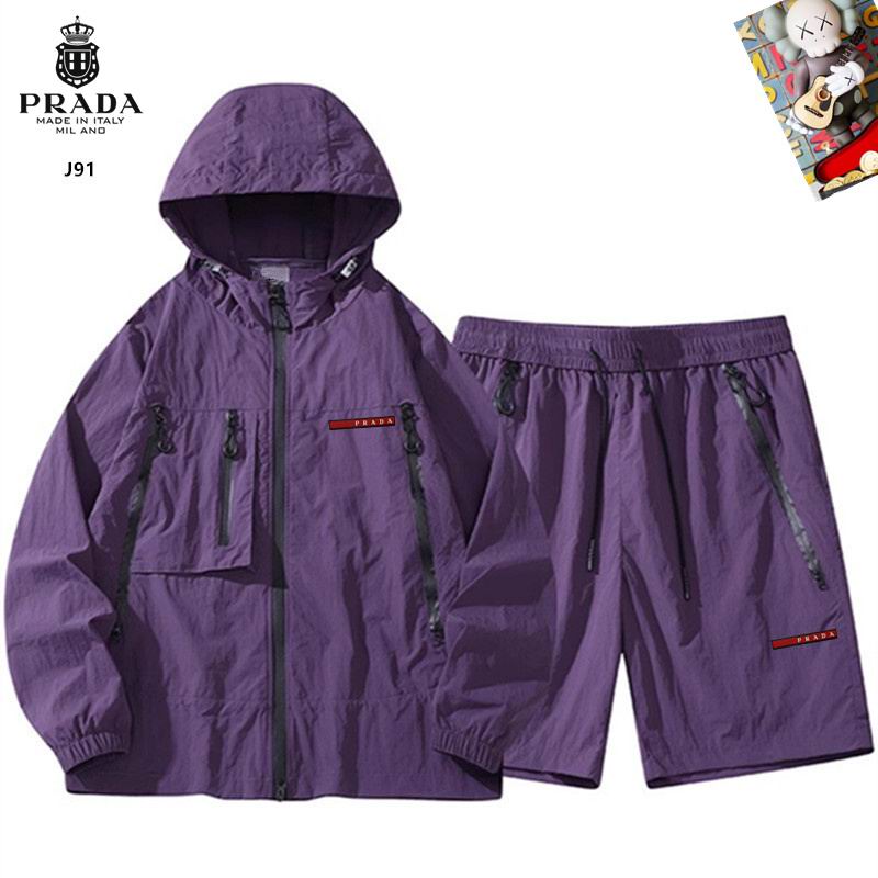 Wholesale High-quality Men's Prada Short Sleeve Replica Designer Hooded Jackets set Shorts for sale