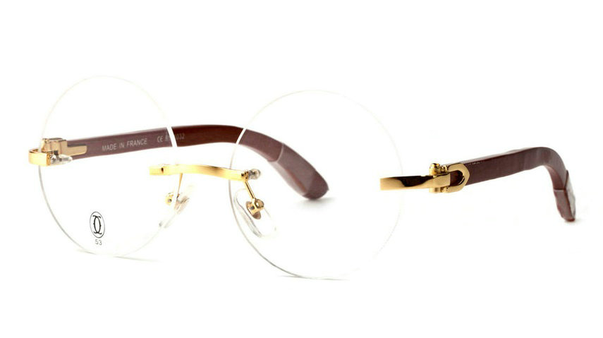 Wholesale Cheap Replica Cartier Round Metal Glasses Wood Frames for Sale-034